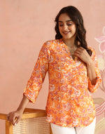 Peach Rayon Block Print Floral Shirt for Women from Fabindia UK