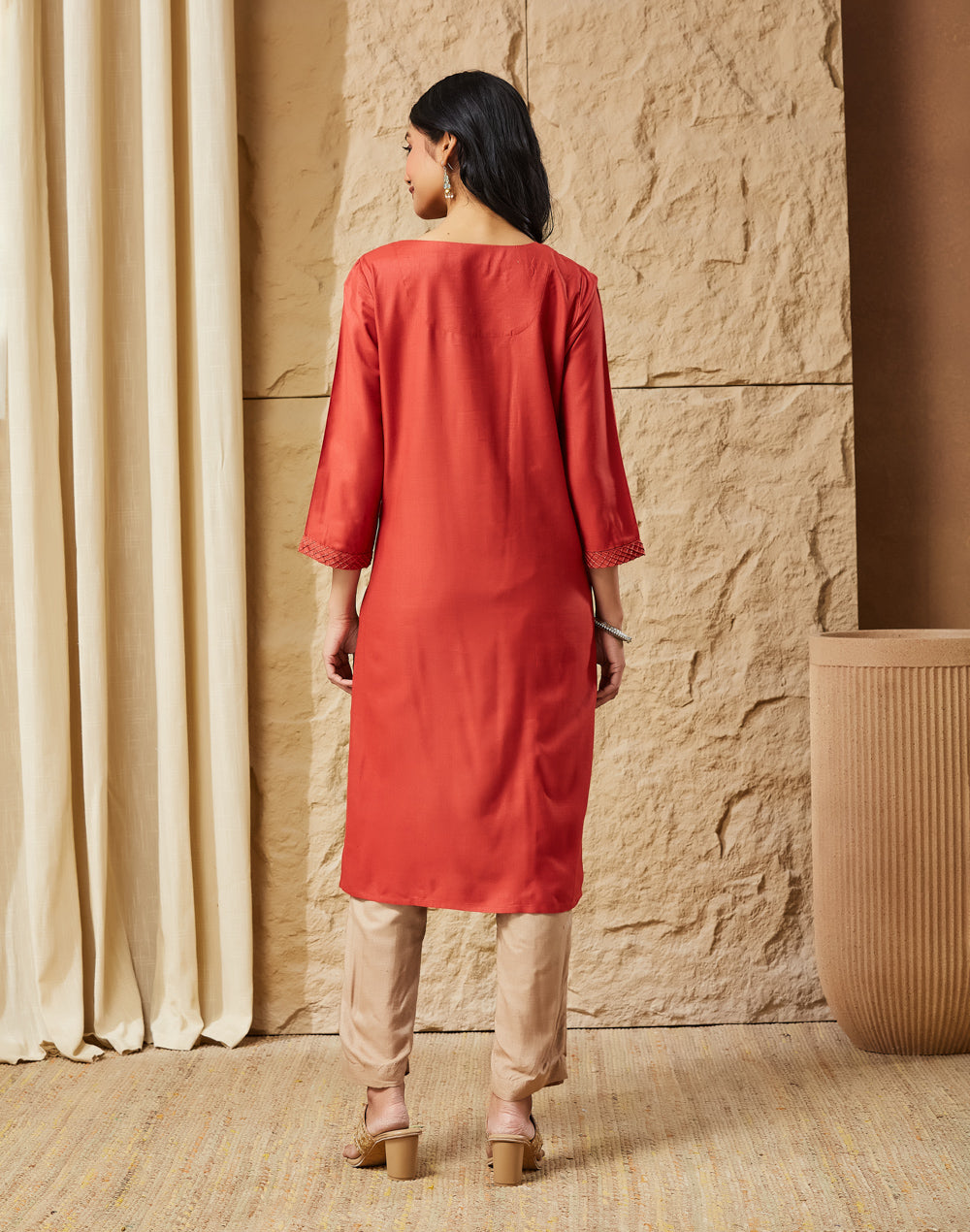 Rust Viscose Silk Pintuck Knee Length Kurta