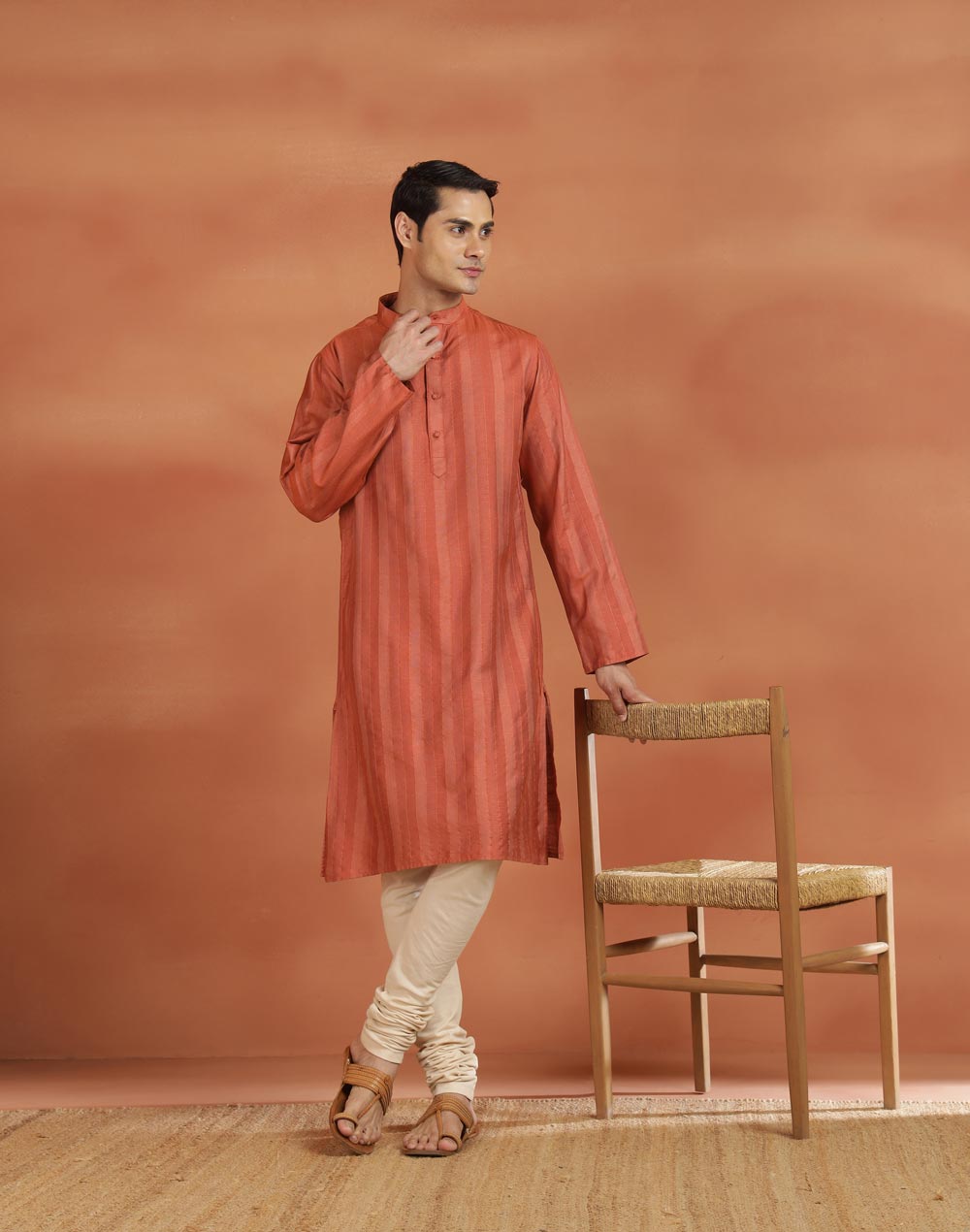 Orange Viscose Silk Zari Stripe Slim Fit Long Kurta