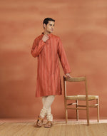Orange Viscose Silk Zari Stripe Slim Fit Long Kurta