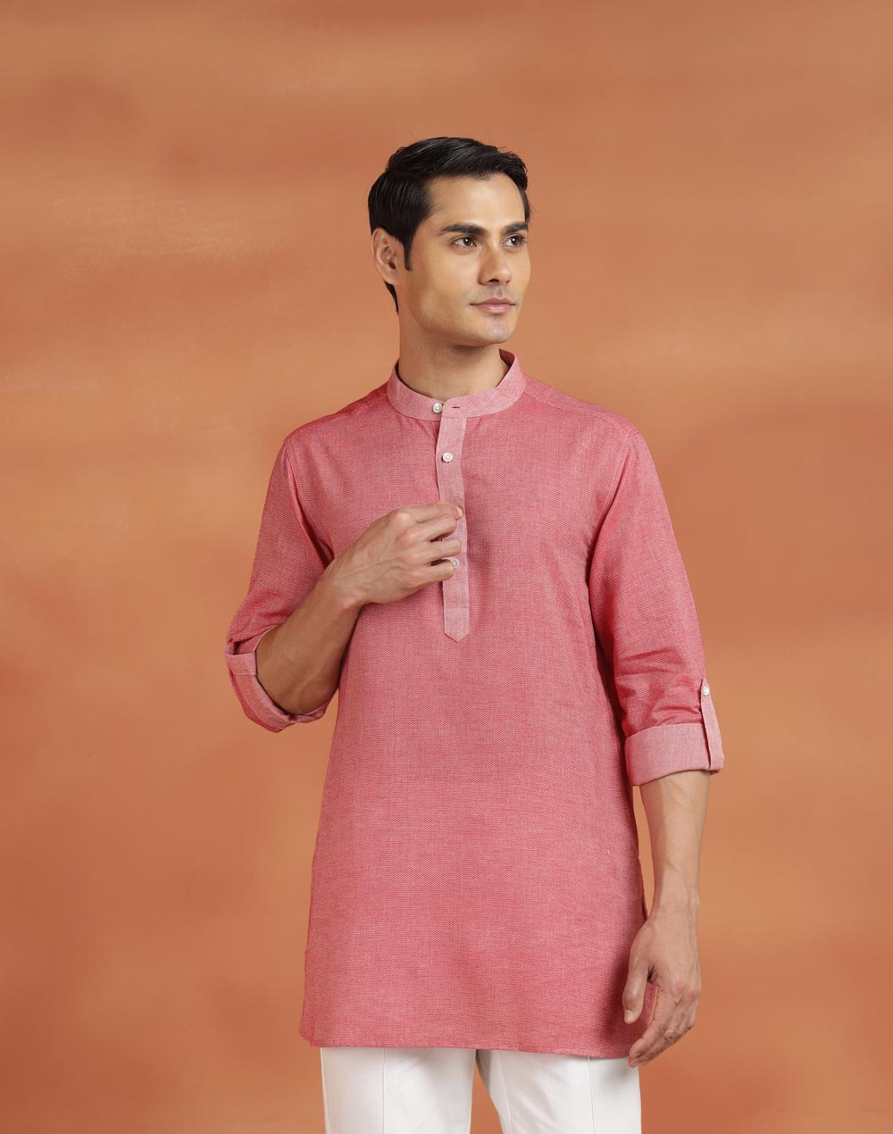 Red Cotton Dobby Slim Fit Short Kurta