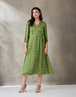 Green Rayon Blend Hand Block Printed Camelia Wrap Midi Dress