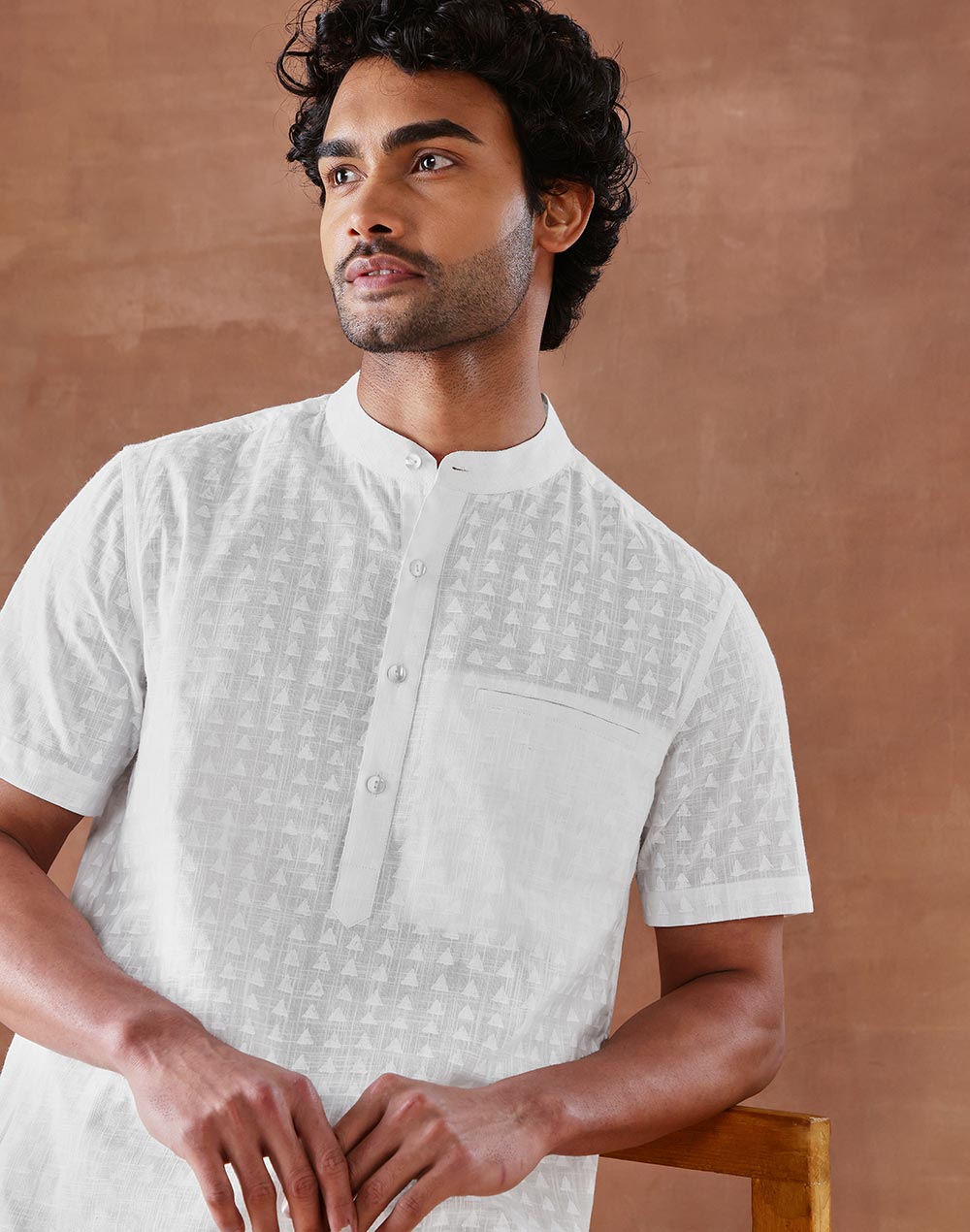White Cotton Hand Block Printed Slim Fit Mid Placket Shirt
