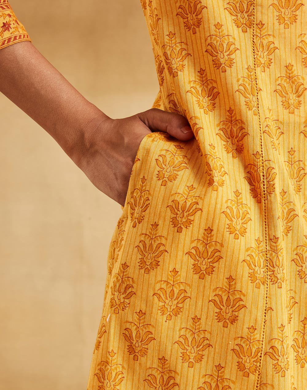 Mustard Cotton Hand Block Print Slim Fit Long Kurta