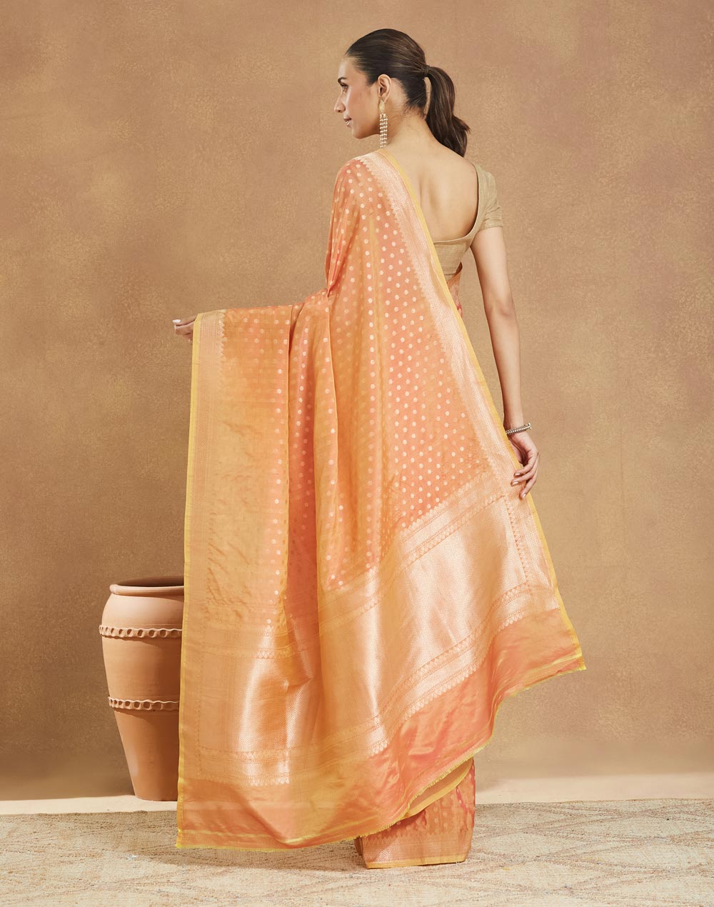 Orange Viscose Blend Banarsi Sari