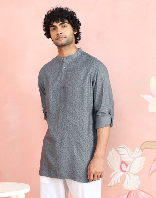 Grey Viscose Silk Block Print Short Kurta for Men from Fabindia UK