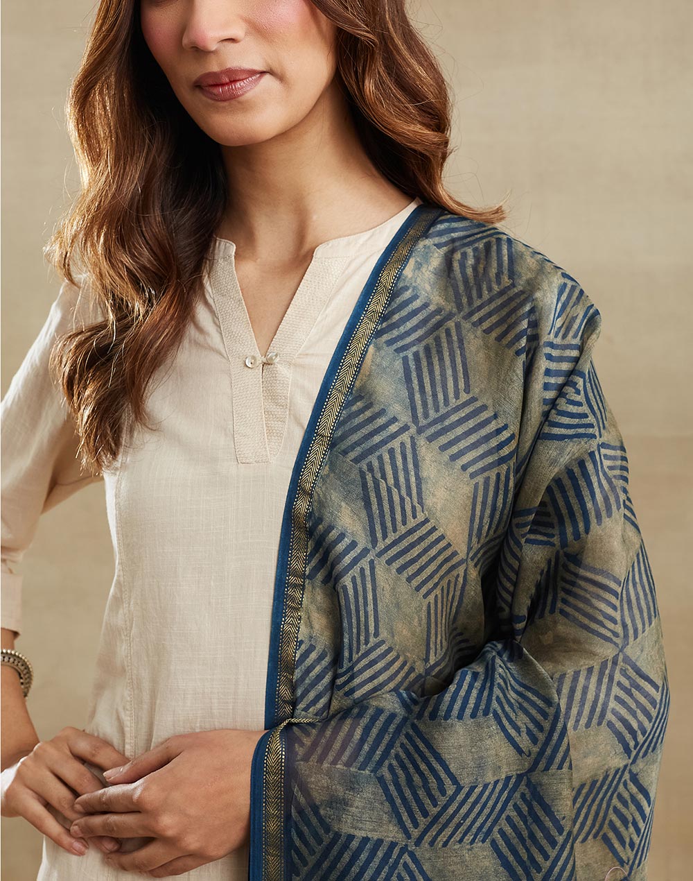 Indigo Cotton Silk Blend Hand Block Printed Dupatta