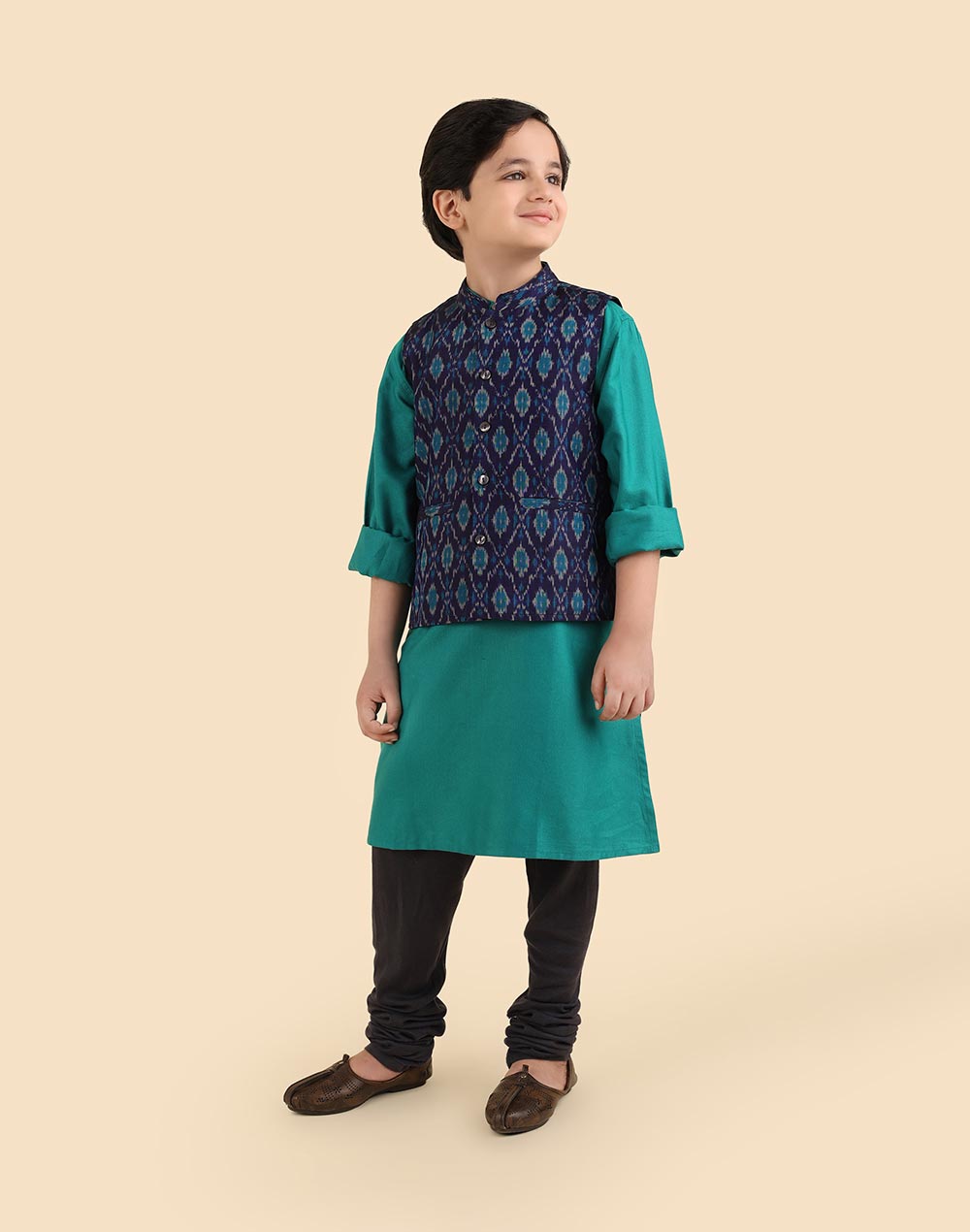 Teal Viscose Blend Ikat 2pc Kurta Set