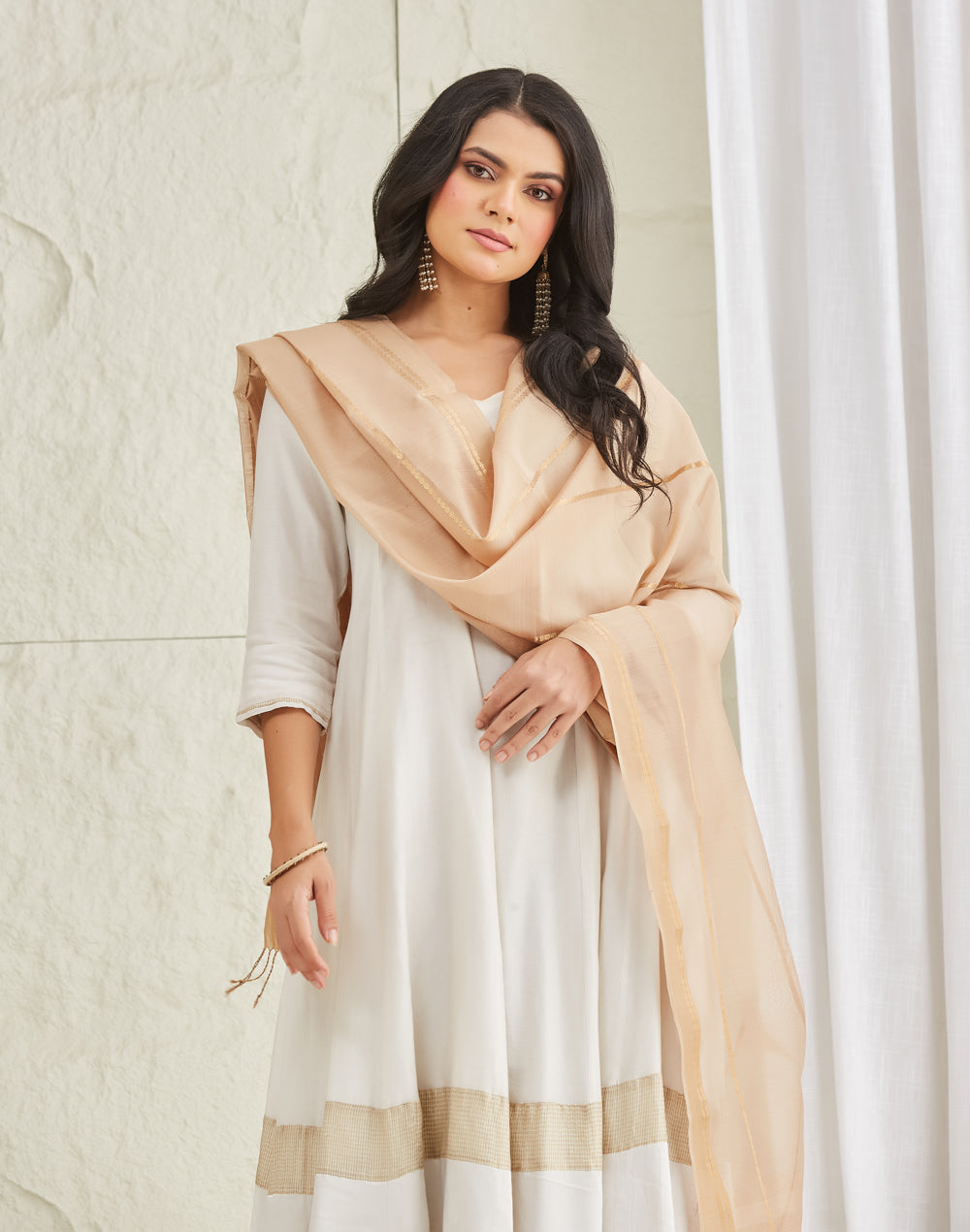 Beige Cotton Silk Blend Maheshwari Dupatta