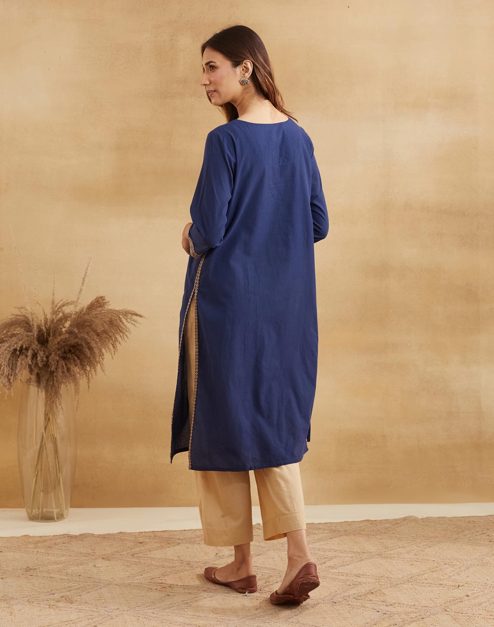 Navy Cotton Woven Long Kurta