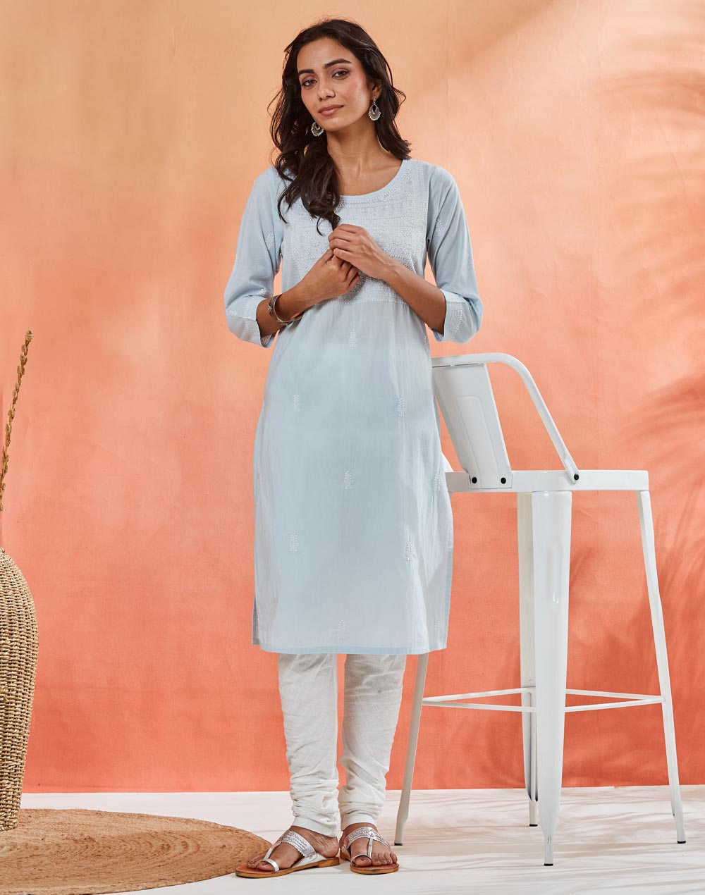 Light Blue Cotton Chikankari Knee Length Kurta