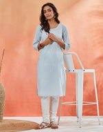 Light Blue Cotton Chikankari Knee Length Kurta