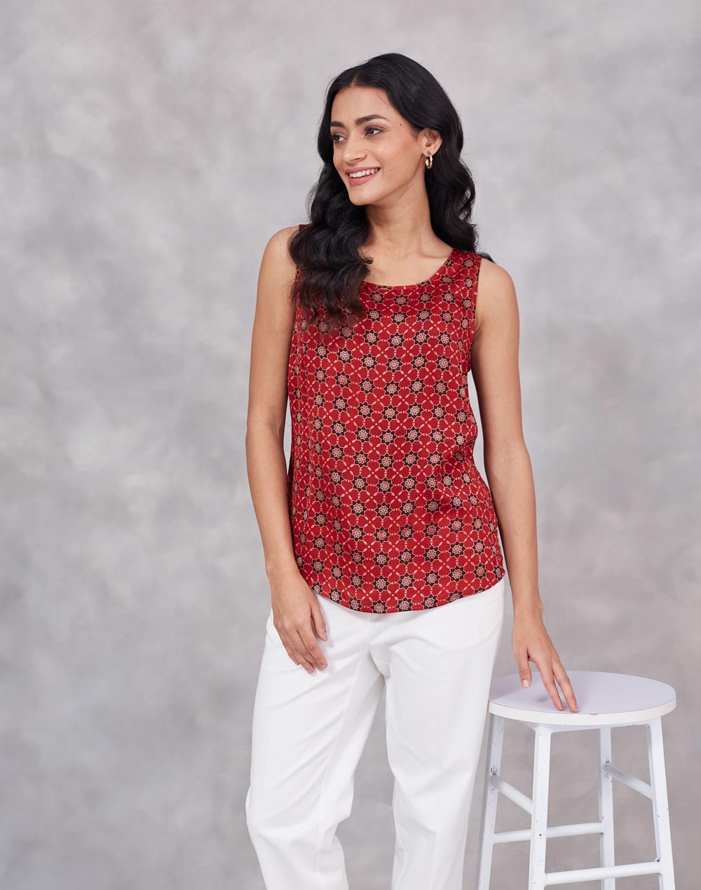 Red Rayon Blend Dabu Slim Fit Top