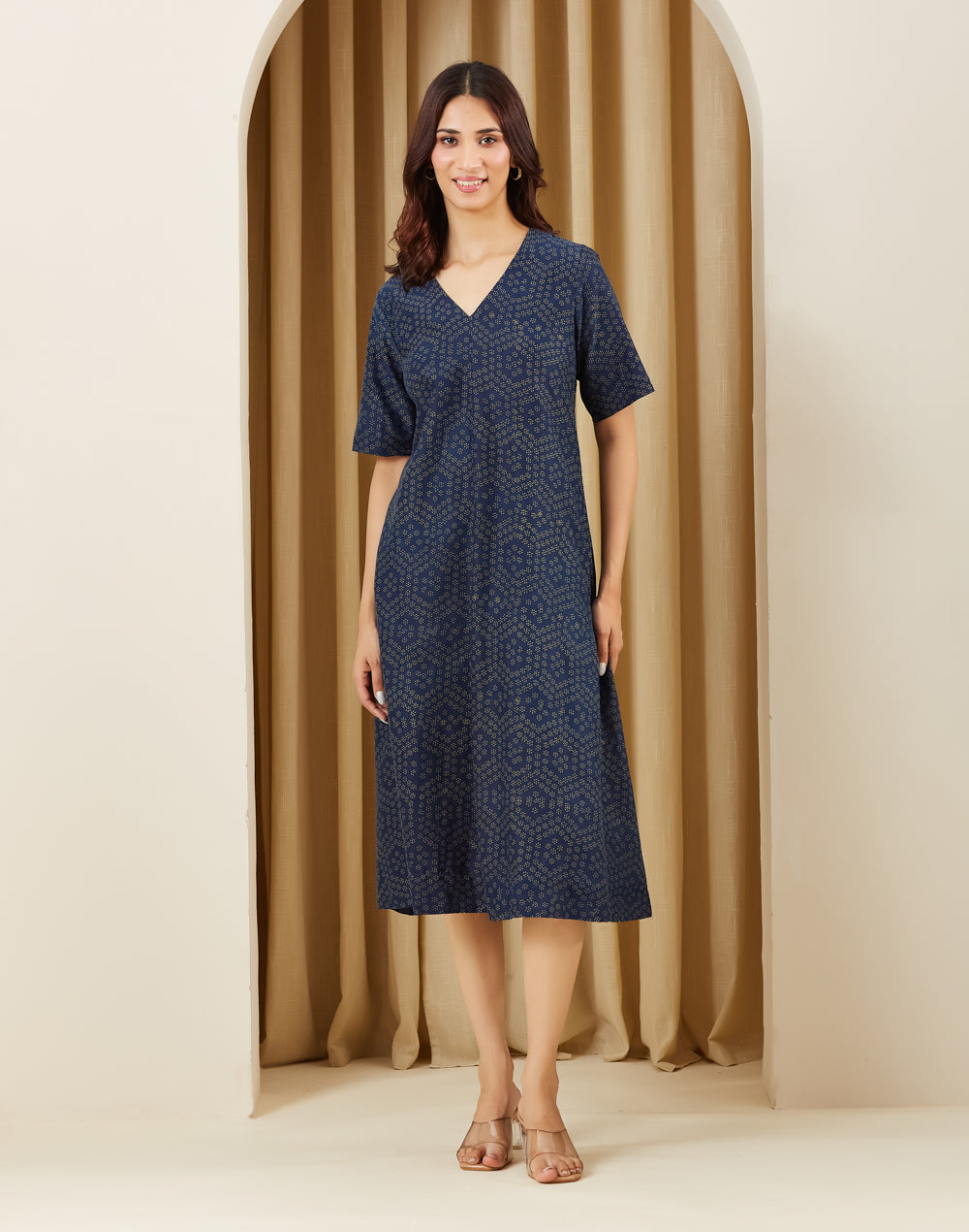 Ajrakh print detail on the Indigo Ajrakh Print Indian Midi Dress