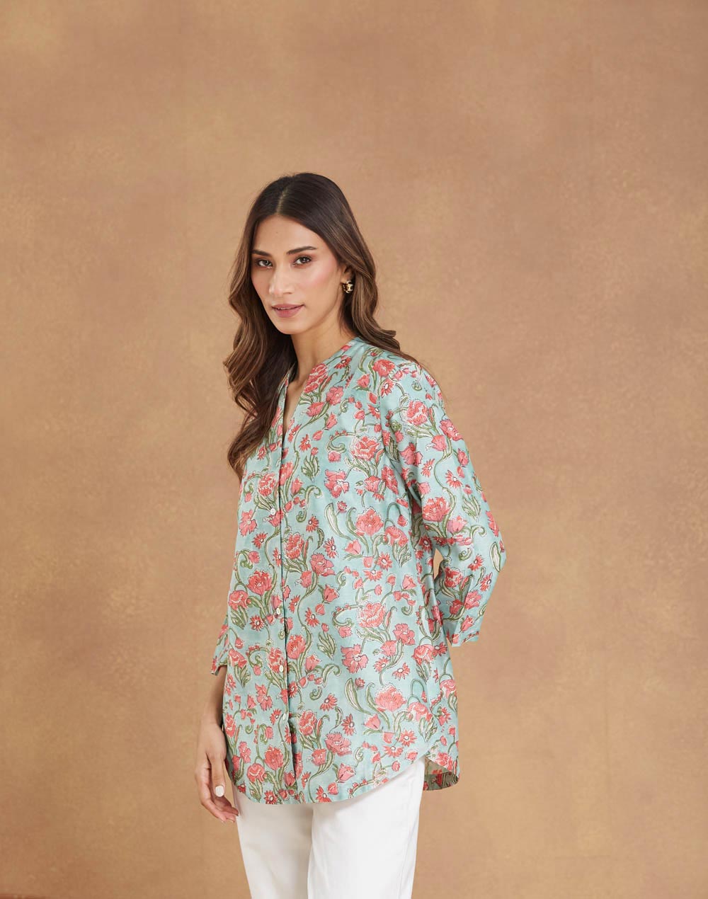 Green Cotton Silk Hand Block Printed Tunic