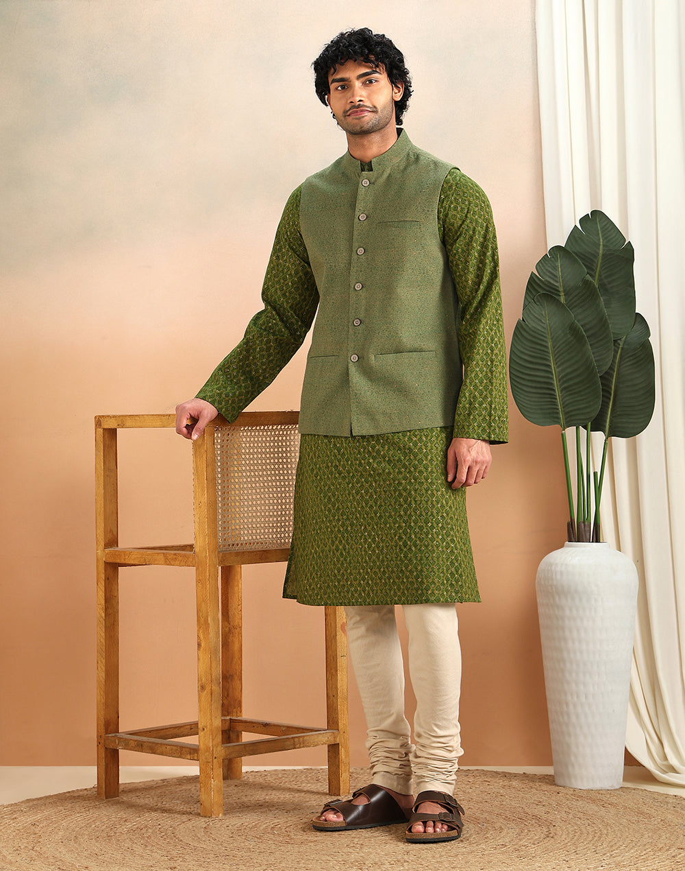 Green Cotton Nehru Jacket
