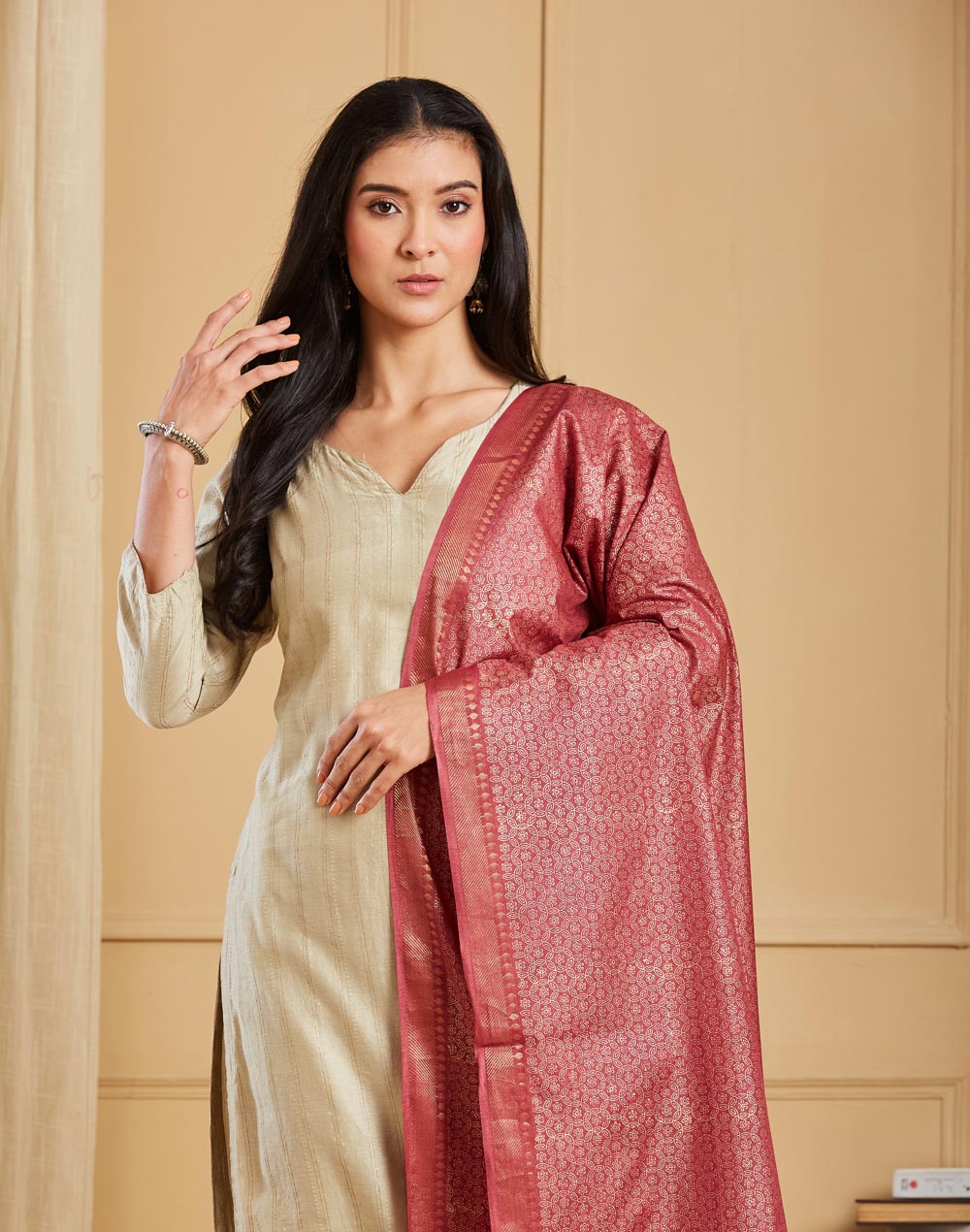 Pink Silk Blend Hand Block Print Dupatta