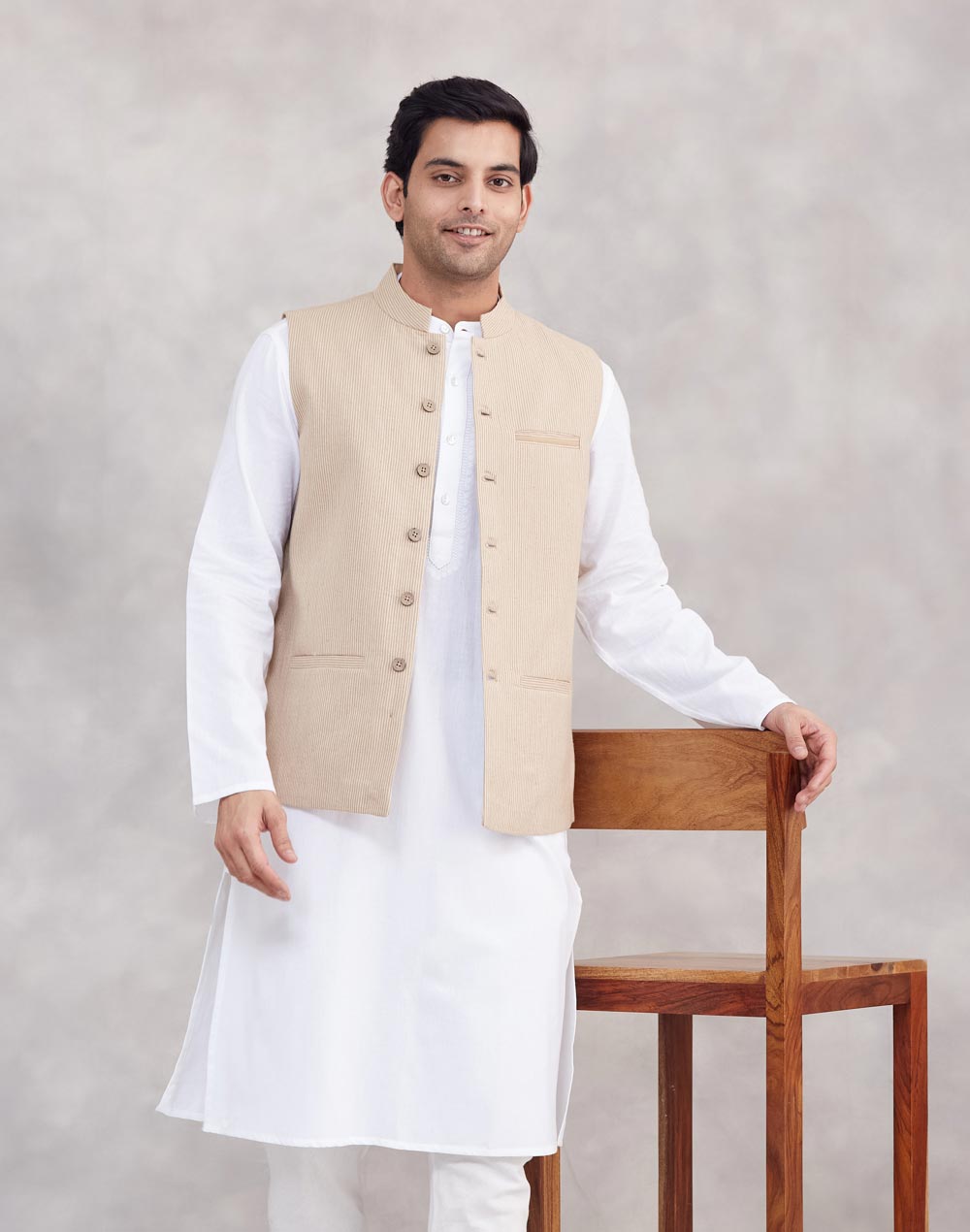 Beige Cotton Nehru Jacket