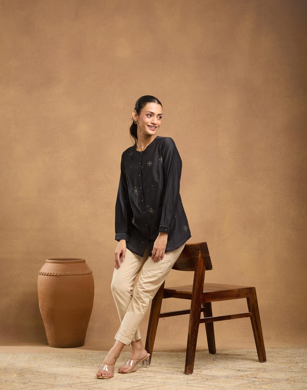 Black Cotton Silk Hand Embroidered Tunic