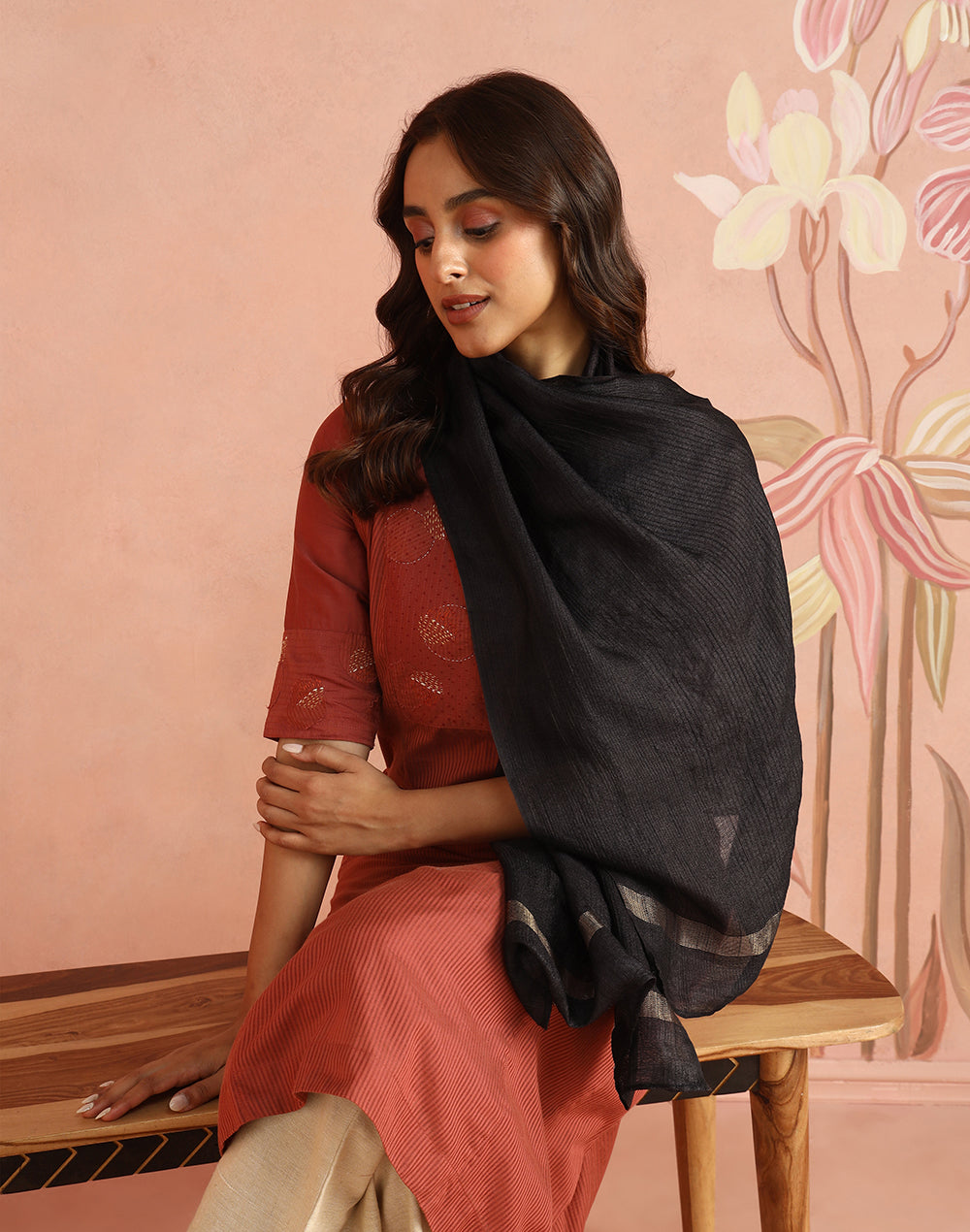 Black Silk Blend Hand Woven Stole