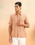 Beige Cotton Blend Striped Bush Shirt
