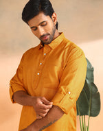 Yellow Viscose Silk Blend Dobby Slim Fit Pathani