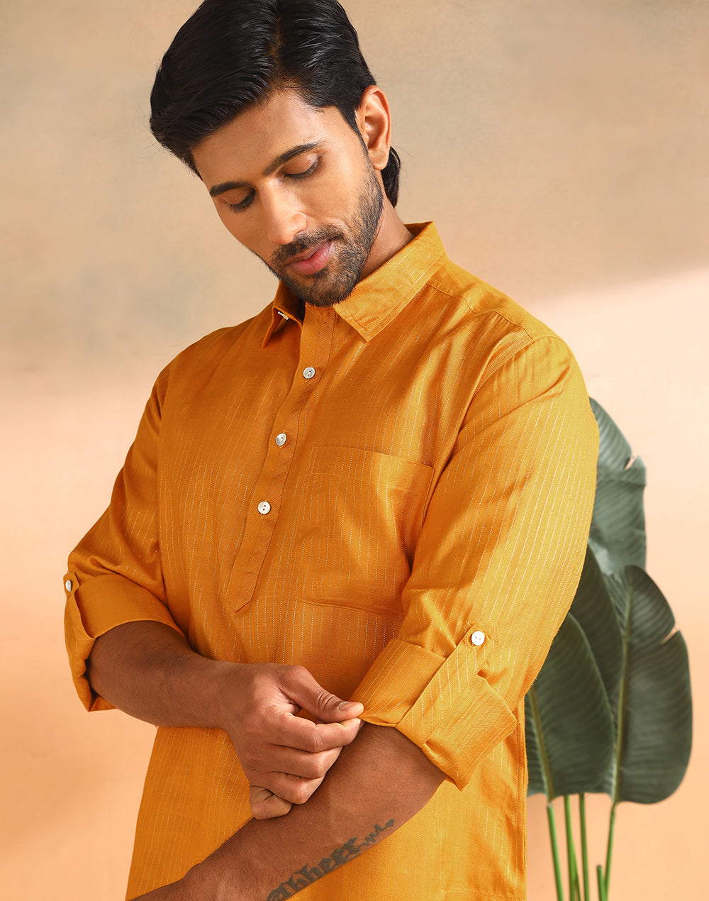 Yellow Viscose Silk Blend Dobby Slim Fit Pathani
