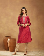 Wine Cotton Silk Embroidered Long Kurta