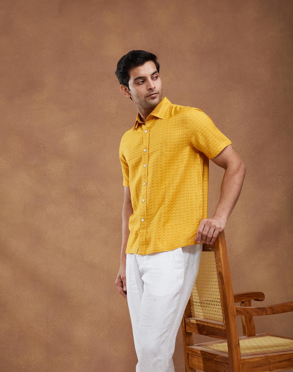 Yellow Viscose Silk Hand Block Printed Bush Shirt