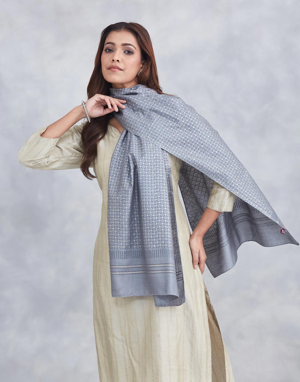Grey Silk Hand Block Printed Stole