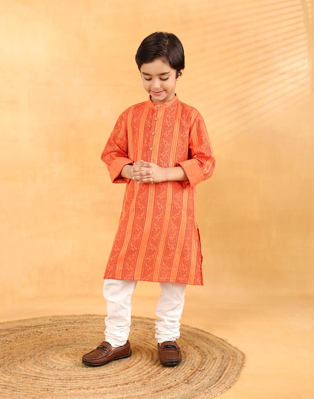 Orange Cotton Blend Hand Block Printed Long Kurta