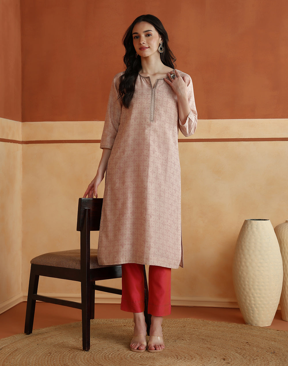 Pink Cotton Silk Block Print Long Kurta for Women from Fabindia UK