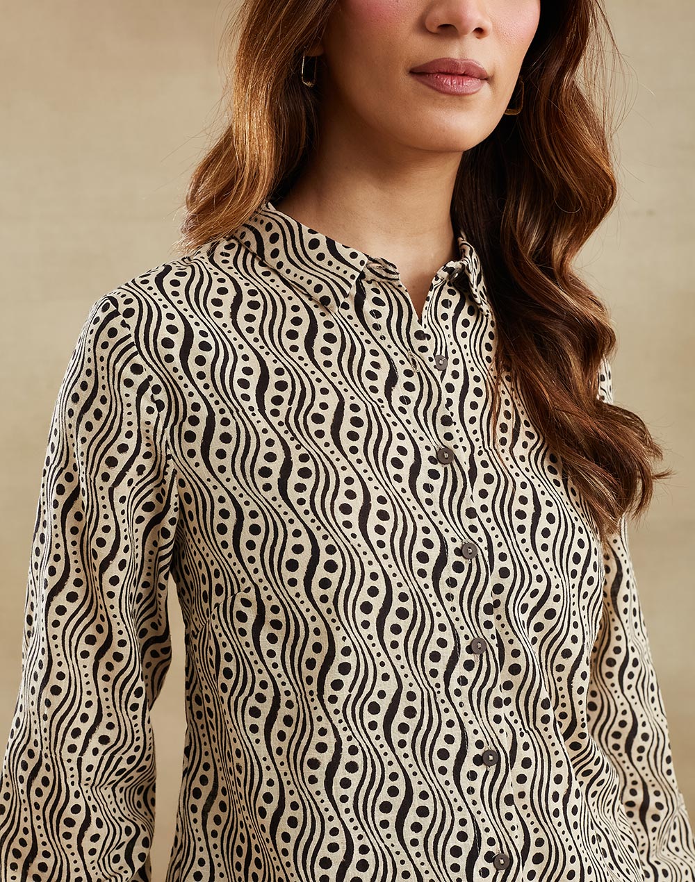 Beige Cotton Bagru Printed Shirt & Pant Set