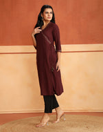 Maroon Cotton Hand Embroidered Slim Fit Long Kurta