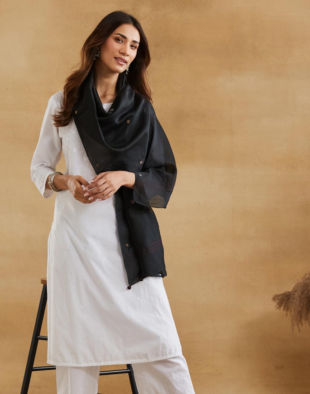 Black Cotton Silk Chikankari Stole