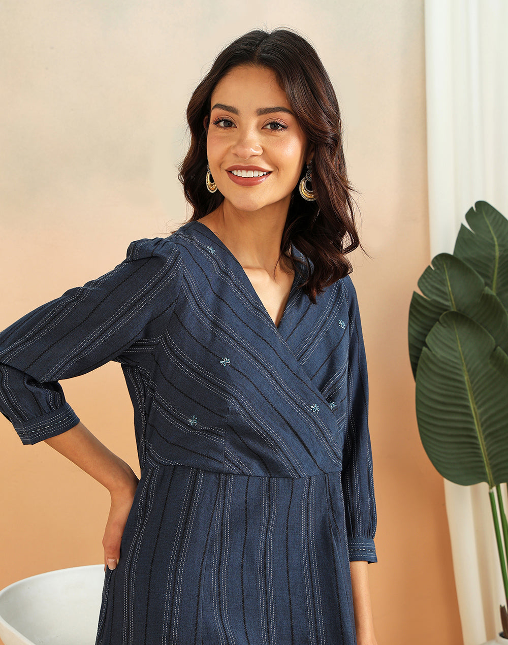 Blue Cotton Striped Midi Dress