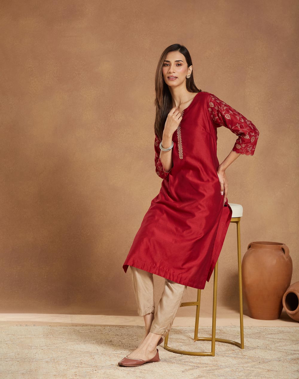 Maroon Cotton Silk Embroidered Long Kurta