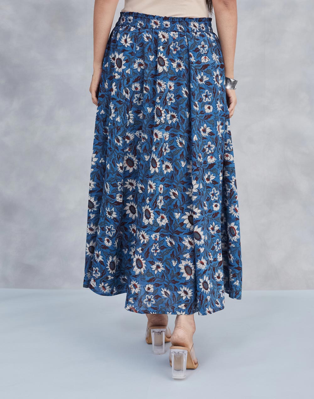 Blue Cotton Bagru Printed Skirt Midi