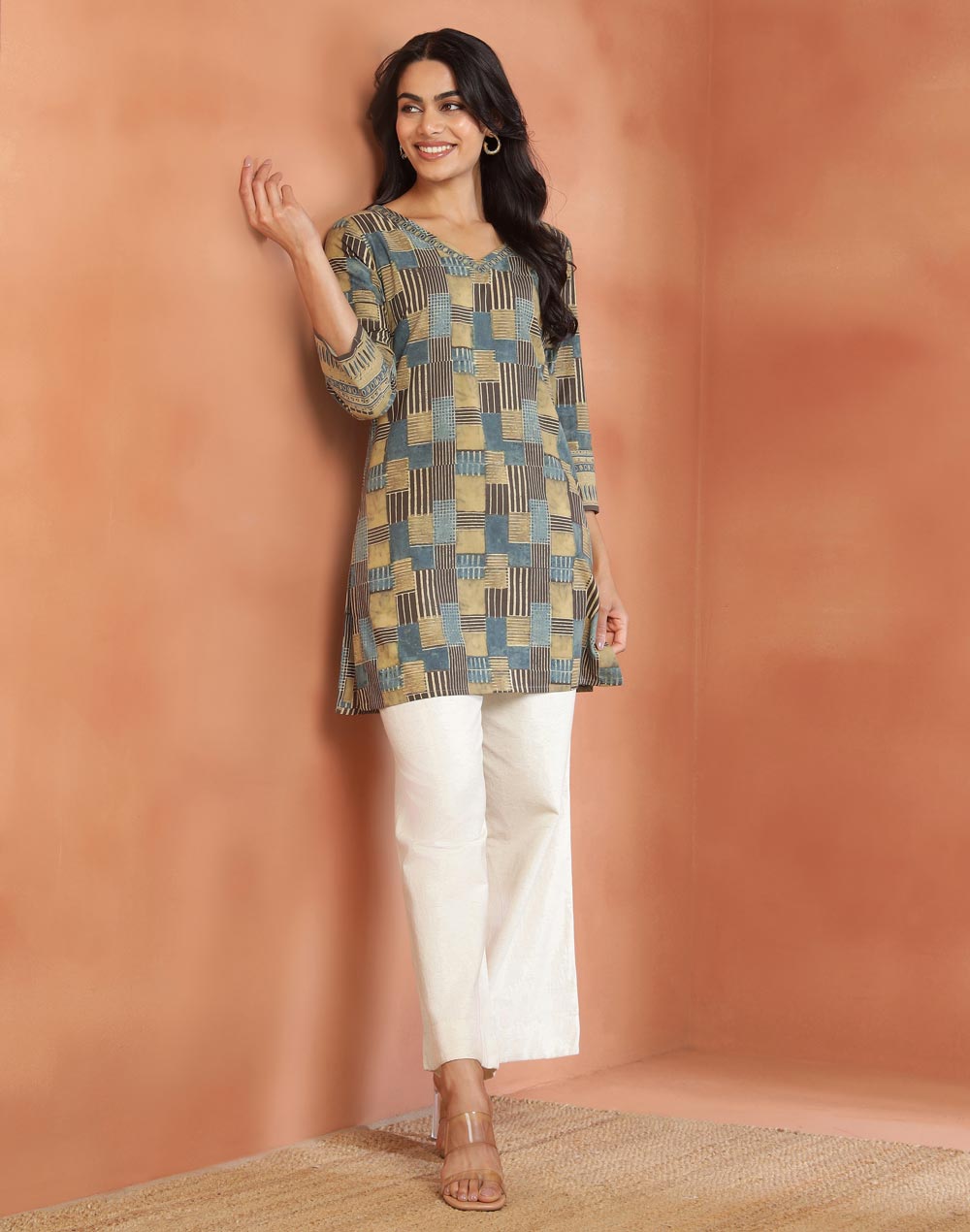 Green Cotton Ajrakh Short Kurta