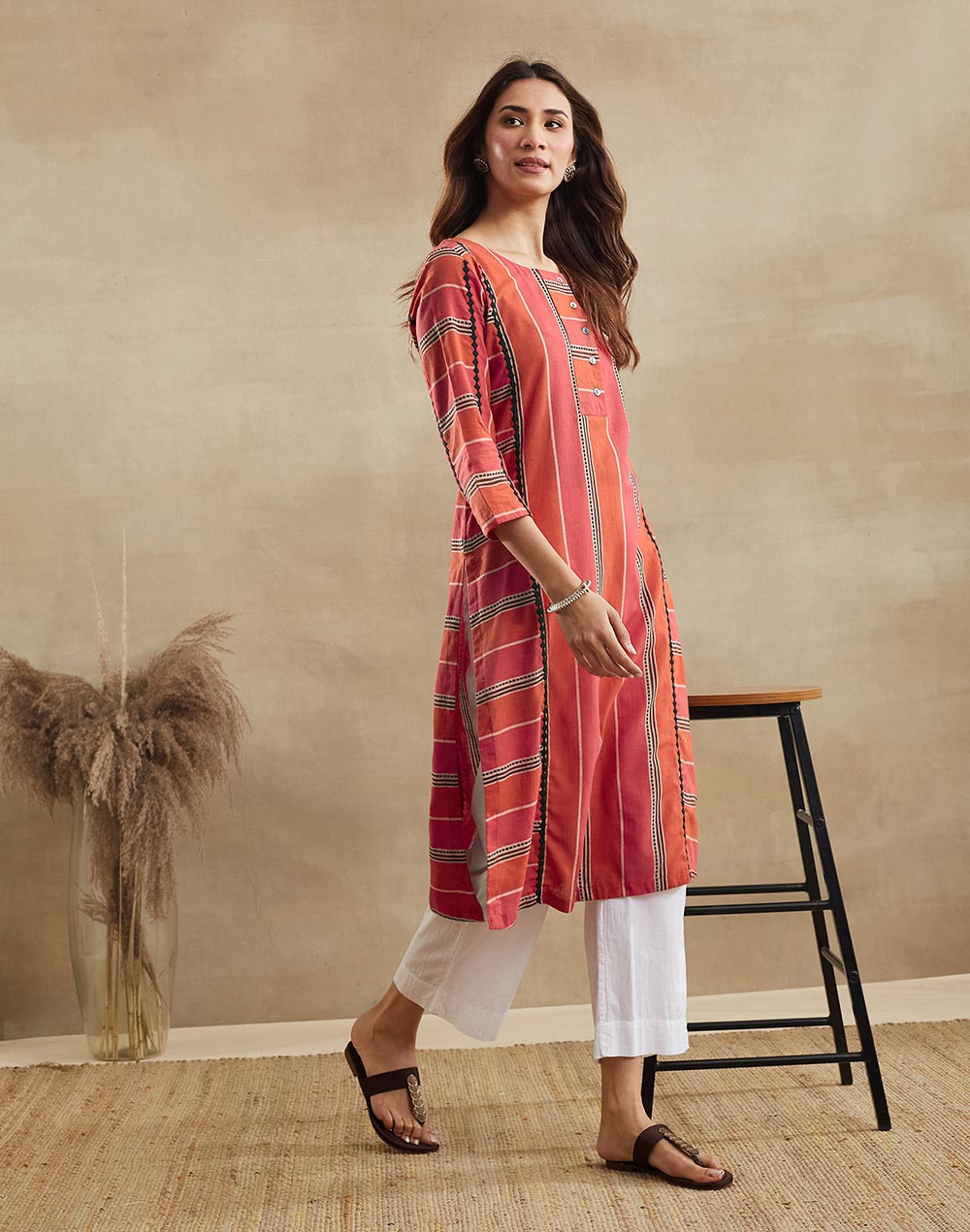 Pink Cotton Long Kurta