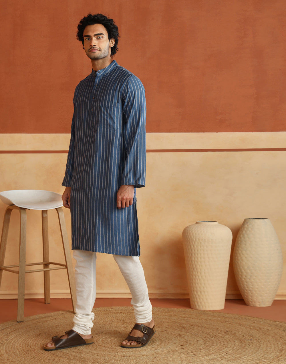 Blue Viscose Blend Dobby Long Kurta