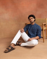 Indigo Cotton Dabu Printed Slim Fit Mid Placket Shirt