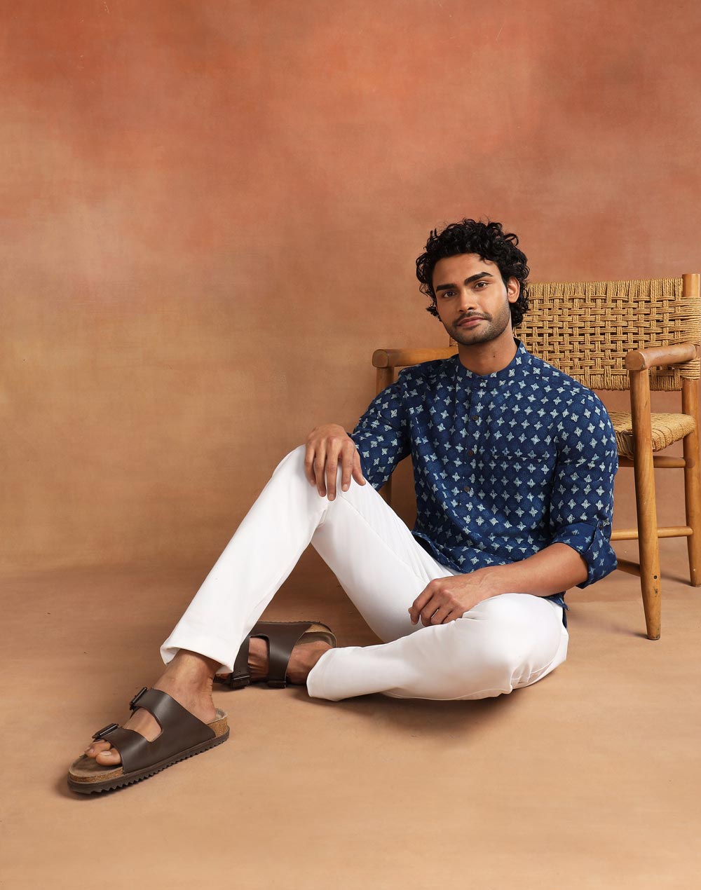 Indigo Cotton Dabu Printed Slim Fit Mid Placket Shirt