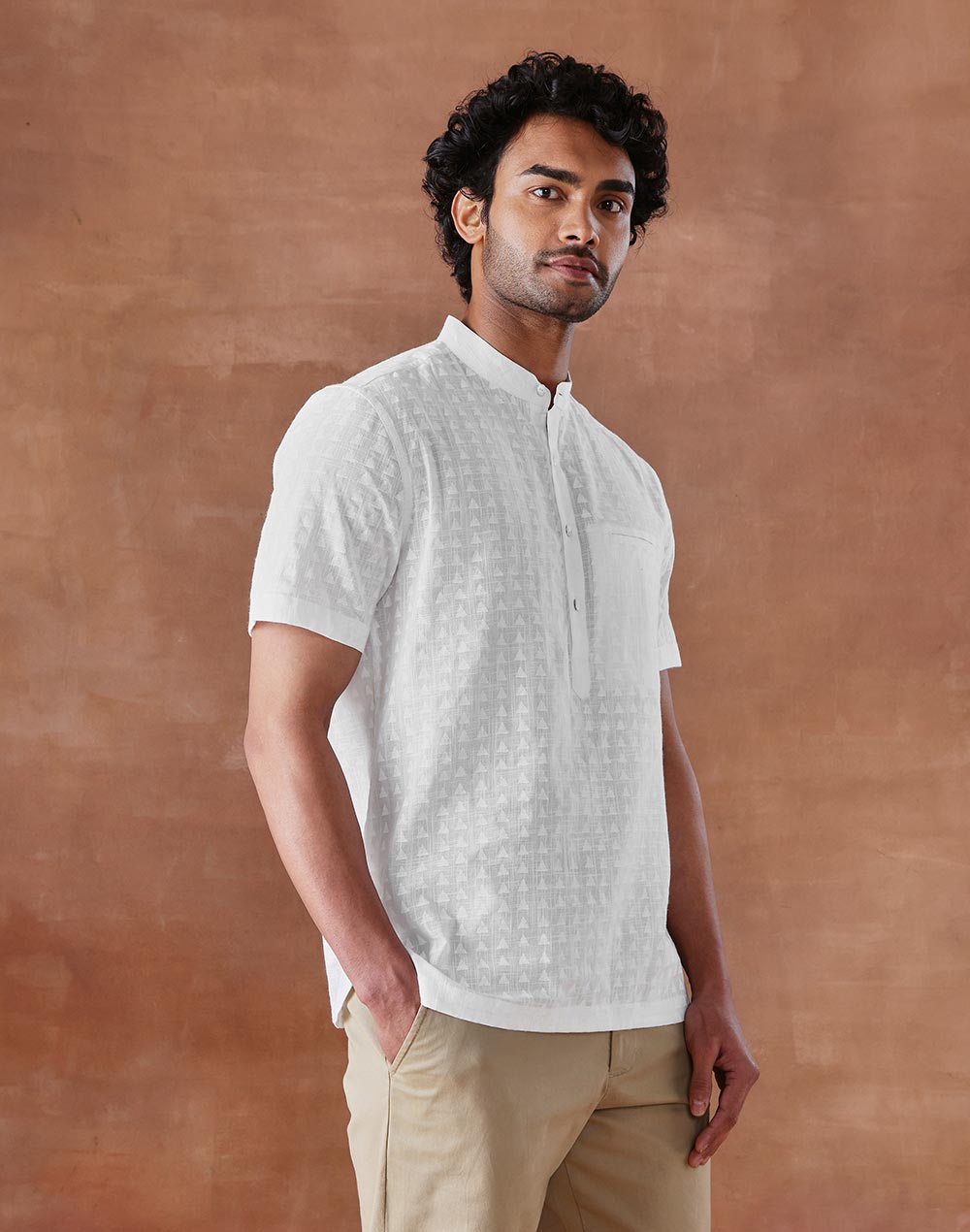 White Cotton Hand Block Printed Slim Fit Mid Placket Shirt