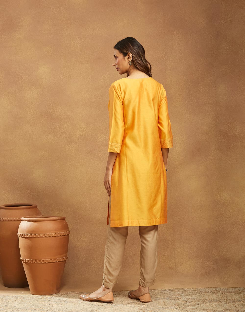 Yellow Cotton Silk Knee Length Kurta