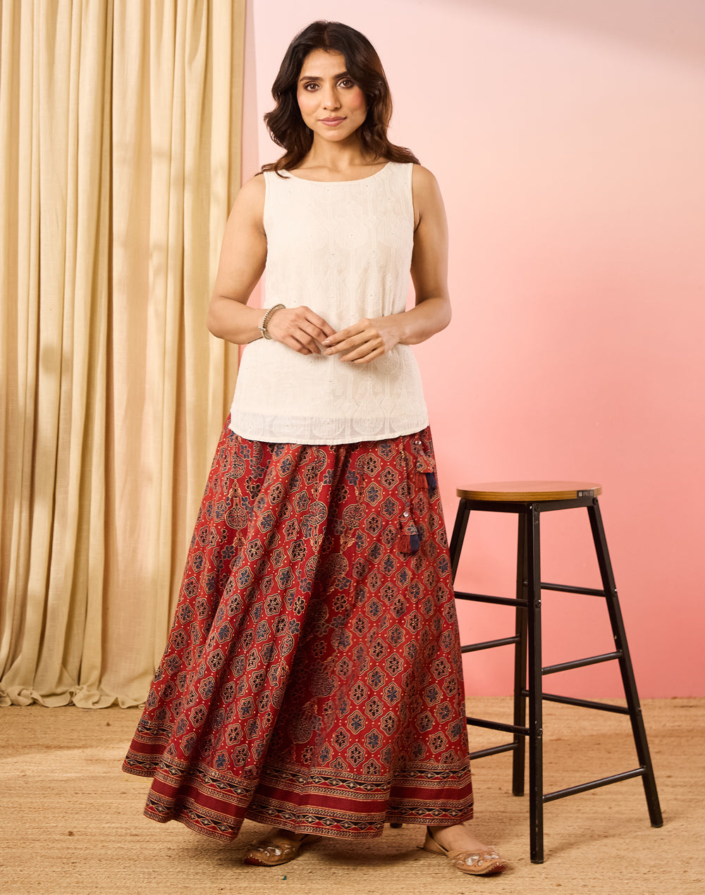 Maroon Ajrakh Print Ghera Skirt styled for everyday wear