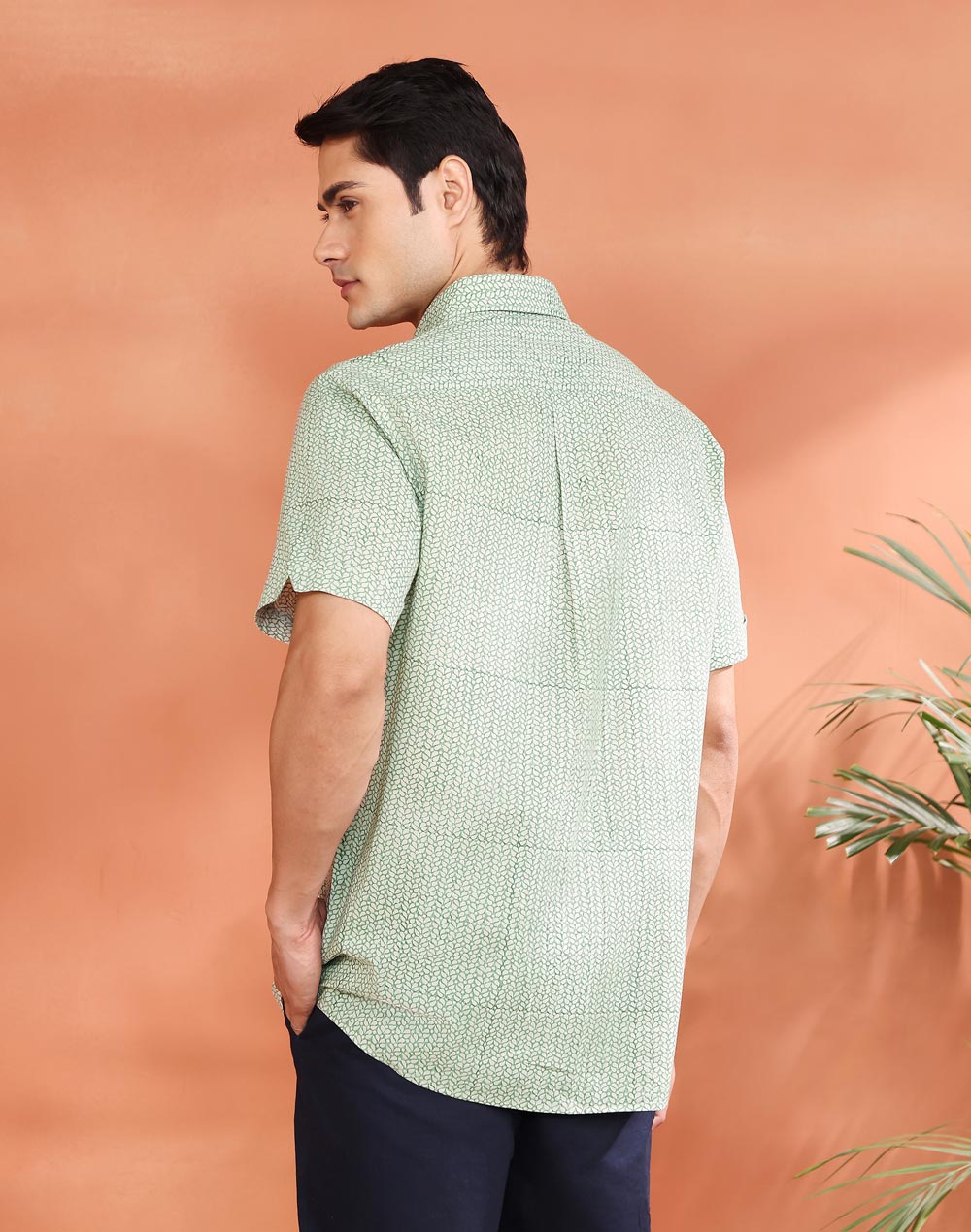 Green Cotton Hand Block Printed Bush Shirt
