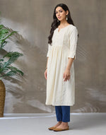 Offwhite Cotton Check Slim Fit Long Kurta