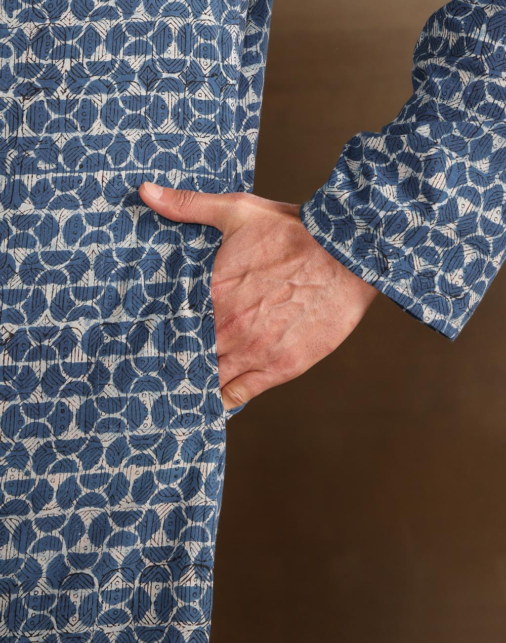 Indigo Cotton Dabu Printed Slim Fit Long Kurta