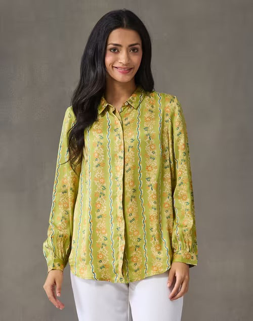Block print detail on the Green Block Print Floral Shirt